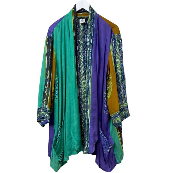 ULLA POPKEN Boho Kimono Jacket Plus Size 28 / 30 Purple Green Artsy Duster - Picture 1 of 9